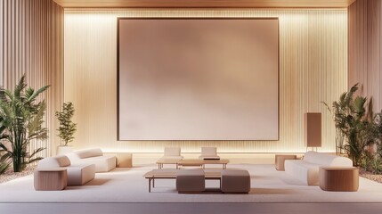 A modern, minimalist living room with a large screen, comfortable seating, and plants, ideal for relaxation or entertainment.