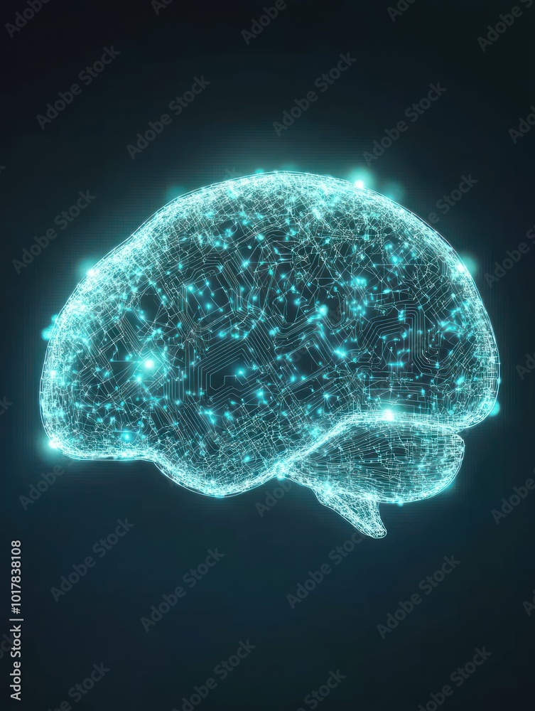 Poster A glowing, digital representation of a brain, symbolizing intelligence and technology.