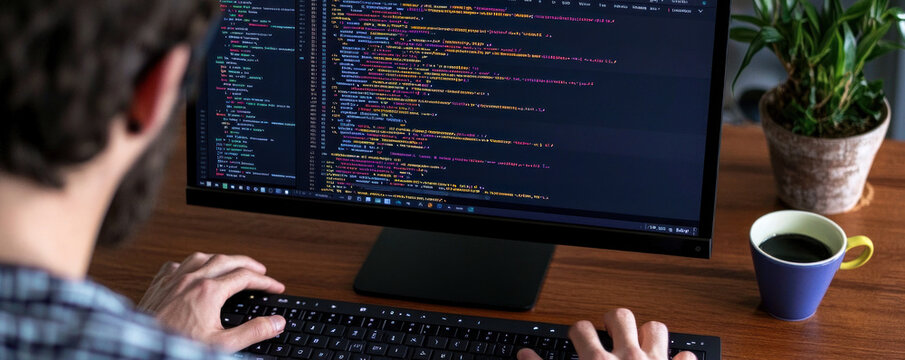 A person coding on a computer with a plant and a coffee cup nearby.