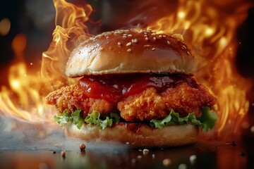 Hot dog with ketchup and mustard on it. The bun is brown and the hot dog is brown. Delicious spicy fried chicken burger ads with burning fire on dark background.