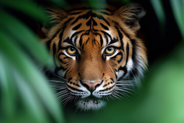 Obraz premium Close-up of a tiger's intense gaze through jungle foliage, symbolizing power, stealth, and wild beauty in nature.
