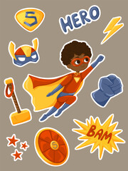 Cartoon superhero elements. Halloween stickers with a superhero boy character, mask, hammer, shield, stars, fist, hero symbols vector set. Illustration of a child in a Halloween hero costume