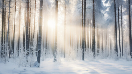 Obraz premium winter landscape in the forest, the rays of the morning sun at sunrise in the frosty fog between the trees