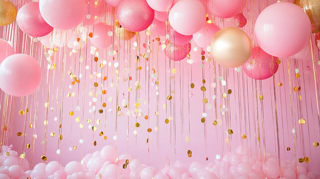 Decoraci&oacute;n de cumplea&ntilde;os con globos rosas y dorados, regalos y confeti sobre fondo rosa