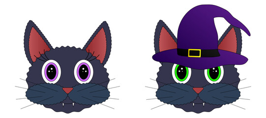 A cute and spooky black cat head set illustration. Perfect for Halloween-themed designs, decorations, or invitations.