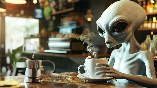 An alien creature enjoying drinking coffee in a coffee shop	