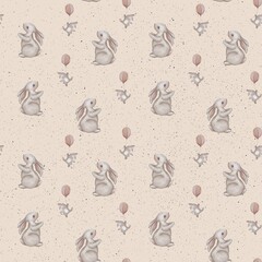Cute bunnies and balloons in a whimsical pattern on soft beige background for children's decor