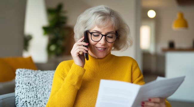 middle aged woman working from home office making phone call checking document. Mature older lady having mobile conversation talking on the phone while hoding paper calling customer support service.