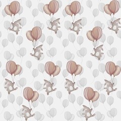 Sweet gray bunny holding balloons in a playful design for children's decor