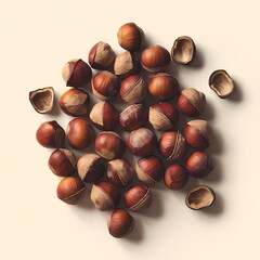 Hazelnuts arranged on a white background, showcasing their rich brown color and textured shells.