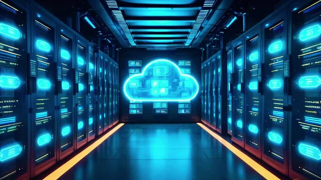 Rows of servers in a data center with a blue cloud icon in the middle.