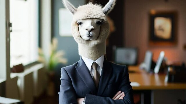 Alpaca businessman in suit standing with arms crossed, looking at camera in modern office