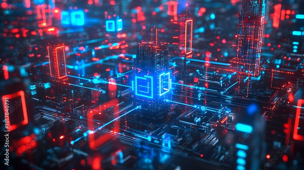 Poster Abstract digital network with glowing red and blue lines and squares.