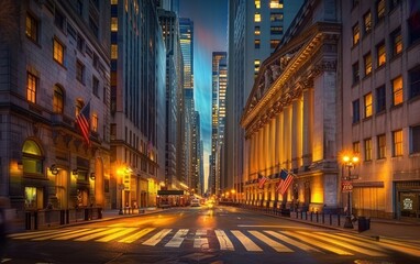 City street with tall buildings and flags in the evening light. Urban scene with financial district concept