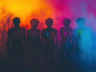 Silhouettes of five people standing against a vibrant, colorful background with bright hues of orange, pink, and blue illuminating their shapes.