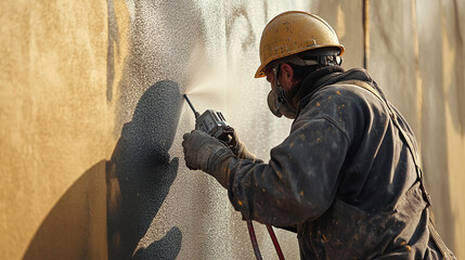 A worker meticulously uses a sandblaster to prepare metal channels for painting on a house wall at a bustling construction site