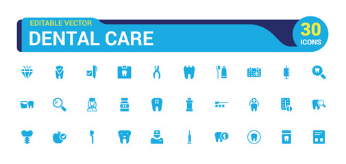 Dental solid icon set. Related to tooth, dentist, toothpaste and more. Glyph icon collection for web and ui. Filled icons pack, Vector illustration. Editable and pixel perfect.
