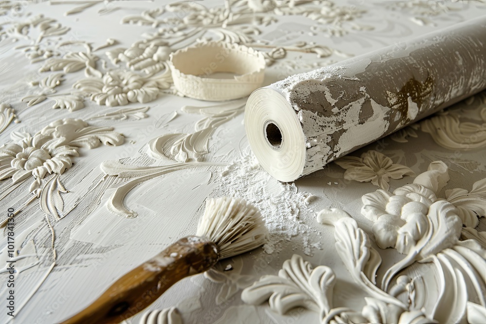 Poster a textured wall is being decorated using a roller and brush, showcasing an intricate design and fres