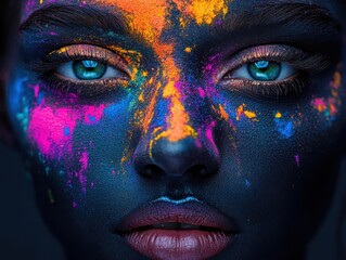 Naklejka premium Close-up of a mysterious woman with vibrant neon face paint. The colors create a stunning contrast against the dark background, highlighting her striking eyes.