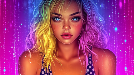 Fototapeta premium A woman with colorful hair and blue eyes is the main subject of the image. The background is a bright, colorful, and glittery setting, which adds to the overall mood of the image