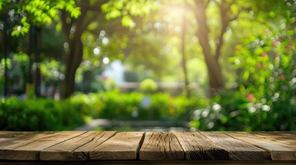 Fototapeta premium Wooden tabletop in a sunlit park with lush greenery in the background. Nature and outdoor relaxation concept