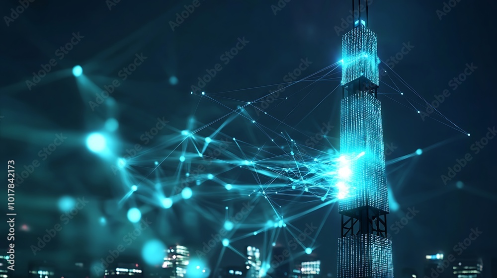 Poster futuristic skyscraper with glowing network lines against a cityscape backdrop, representing digital 
