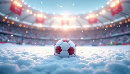 Soccer ball sitting on snow-covered pitch at stadium with bright lights and festive atmosphere, Boxing Day Sports background, copy space