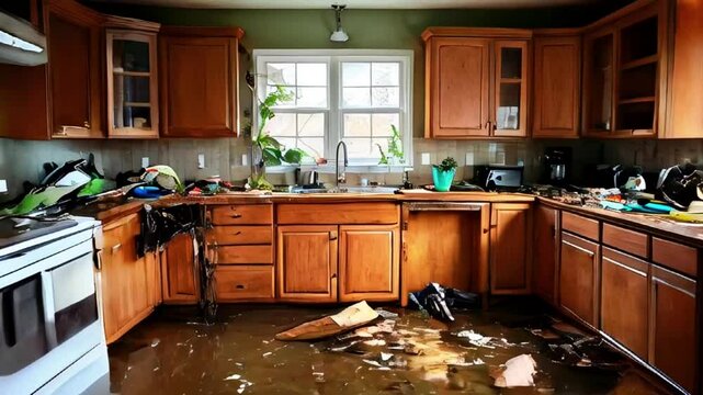 Flooded Kitchen with Damaged Cabinets and Appliances.