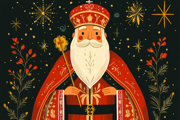 Happy Saint Nicholas Day. St.Nicolas holding gift. Winter holiday.