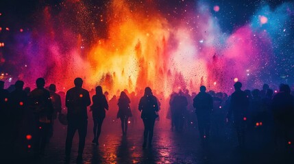 Silhouettes of people standing in front of vibrant, colorful fireworks display, creating a mesmerizing night scene with rich, dynamic hues in the sky.