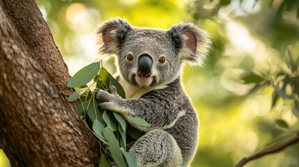 Fototapeta premium A cute koala bear sits on a tree branch, looking directly at the camera.