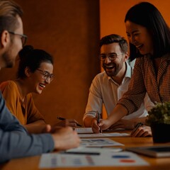 Fototapeta premium Group of colleagues discussing and brainstorming, business meeting room. Happy business people, diverse multi cultural men and women, 