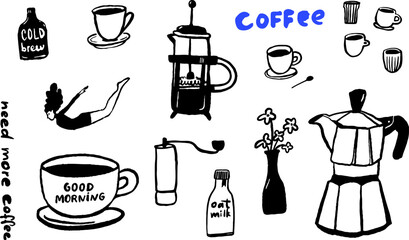 Coffee brewing doodle set, trendy line illustrations for coffee lovers, modern bold black art on white. Cups, mug, french press and moka pot icons. Manual mill drawing, flower vase, cold brew and oat