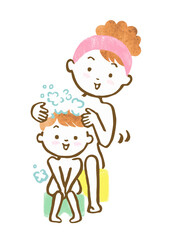 お風呂場で母親が娘の髪を洗ってあげているシーンの手描きイラスト