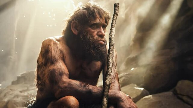 An extinct species of an early human, primitive man, early human existence, tools, culture, and survival in the ancient epochs of our evolutionary past	