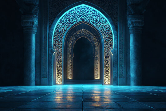  Arabic arch with backlighting, blue light rays shining through the doorway, with arabesque patterns on a dark background