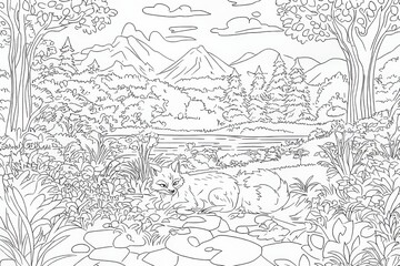 Obraz premium Cute Fox Relaxing by a Tranquil Stream in Lush Forest Coloring Page, Scenic Landscape