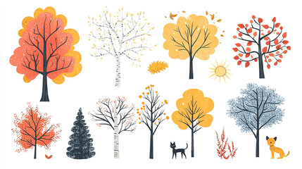 Fototapeta premium Autumn-inspired vector trees and bushes, vividly illustrated on a fresh white background