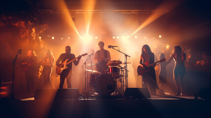 A singer and band performing under bright lights with instruments and microphones visible, but in soft focus or silhouette to keep the focus on the atmosphere