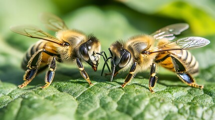 Two Honey Bees Facing Each Other on a Green Leaf