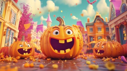 Fototapeta premium Cute Cartoon Pumpkin Halloween Party 3D Rendered