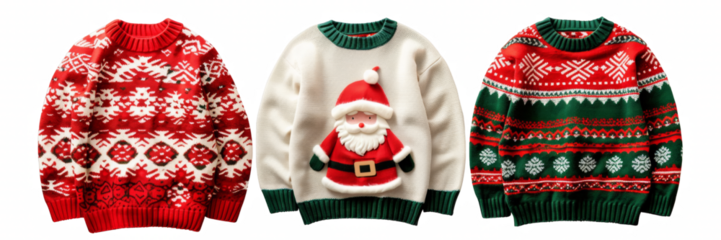 Three Christmas sweaters with Santa Claus, a tree, and a snowflake on them