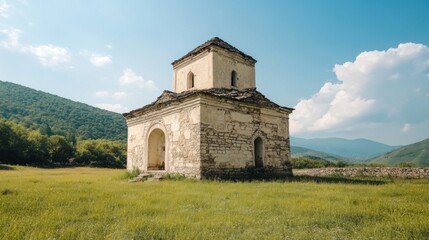 Fototapeta premium Exploring an Ancient Stone Chapel Amidst Lush Green Mountains and Blue Skies