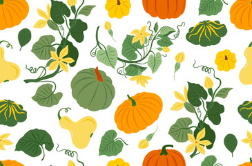Seamless pattern with pumpkin, flowers, oak and maple leaves on white background. Perfect for wallpaper, gift paper, autumn greeting cards.