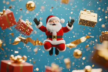 Happy santa claus jumping high among gift boxes.