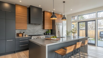 Modern kitchen with dark cabinets, a large island, and a view of the backyard.