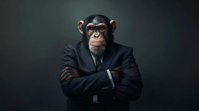 A chimpanzee monkey businessman in suit and tie at office. Suggesting intelligence, Education or business humor	