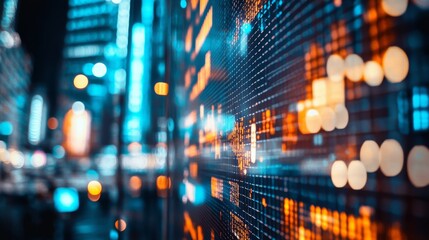 A digital cityscape with vibrant blue and orange lights, showcasing data visualization against a backdrop of modern architecture.