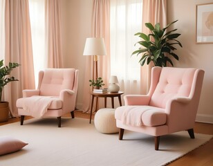 Obraz premium Modern Living Room Design with Boucle Chairs and Sofa in a Classic Setting