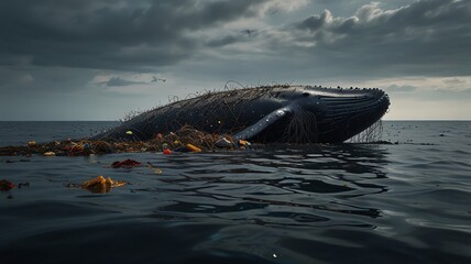 Fototapeta premium a whale is swimming in the ocean with a group of seagulls.